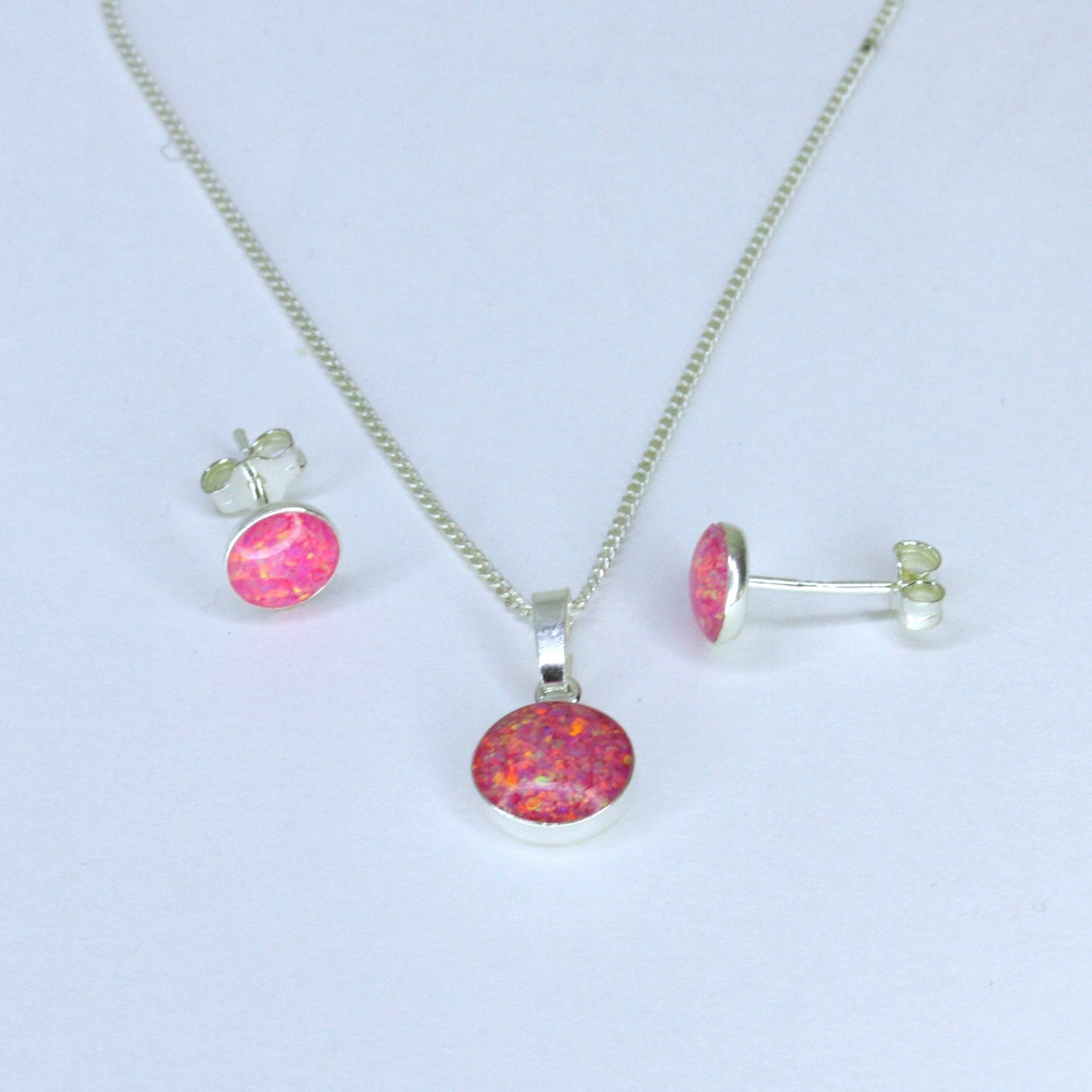 Sterling Silver Crushed Opal Stud Earrings & Small Necklace Set