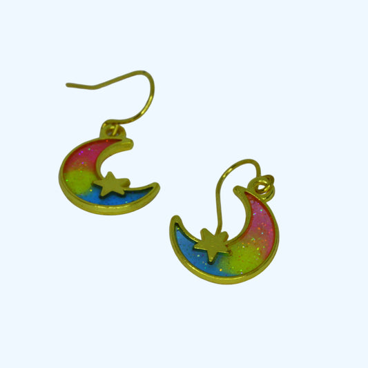 Crescent Moon Earrings - Pansexual Flag