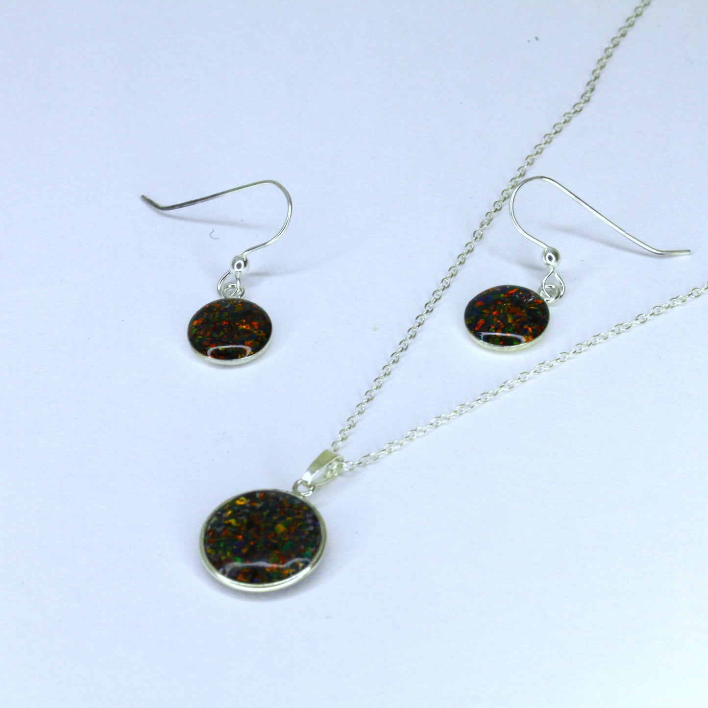 Sterling Silver Crushed Opal Earrings & Necklace Set